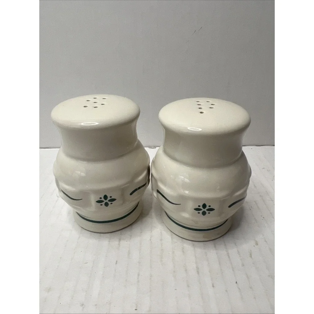 Longaberger Woven Traditions Salt & Pepper Shakers – White w/ Green Accent – USA